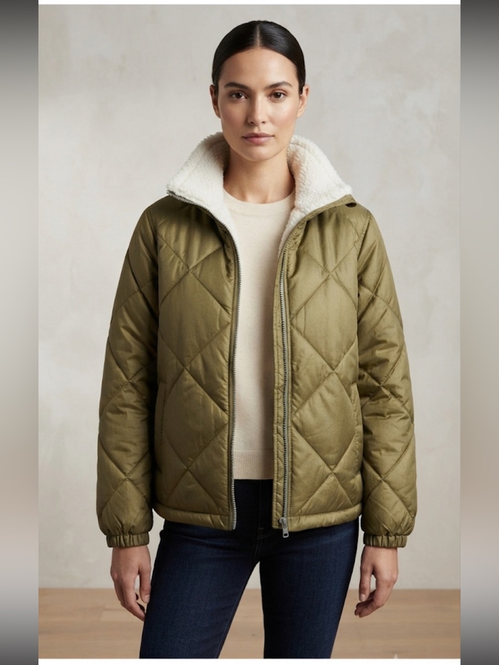 Madewell Jacket Women's XS Green Reversible Sherpa Puffer Bomber Coat Quilted